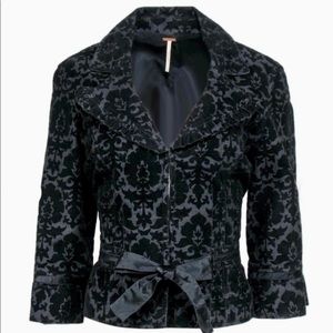 Free People Cropped Corduroy Black Brocade Jacket with Satin Tie ~ Size 6